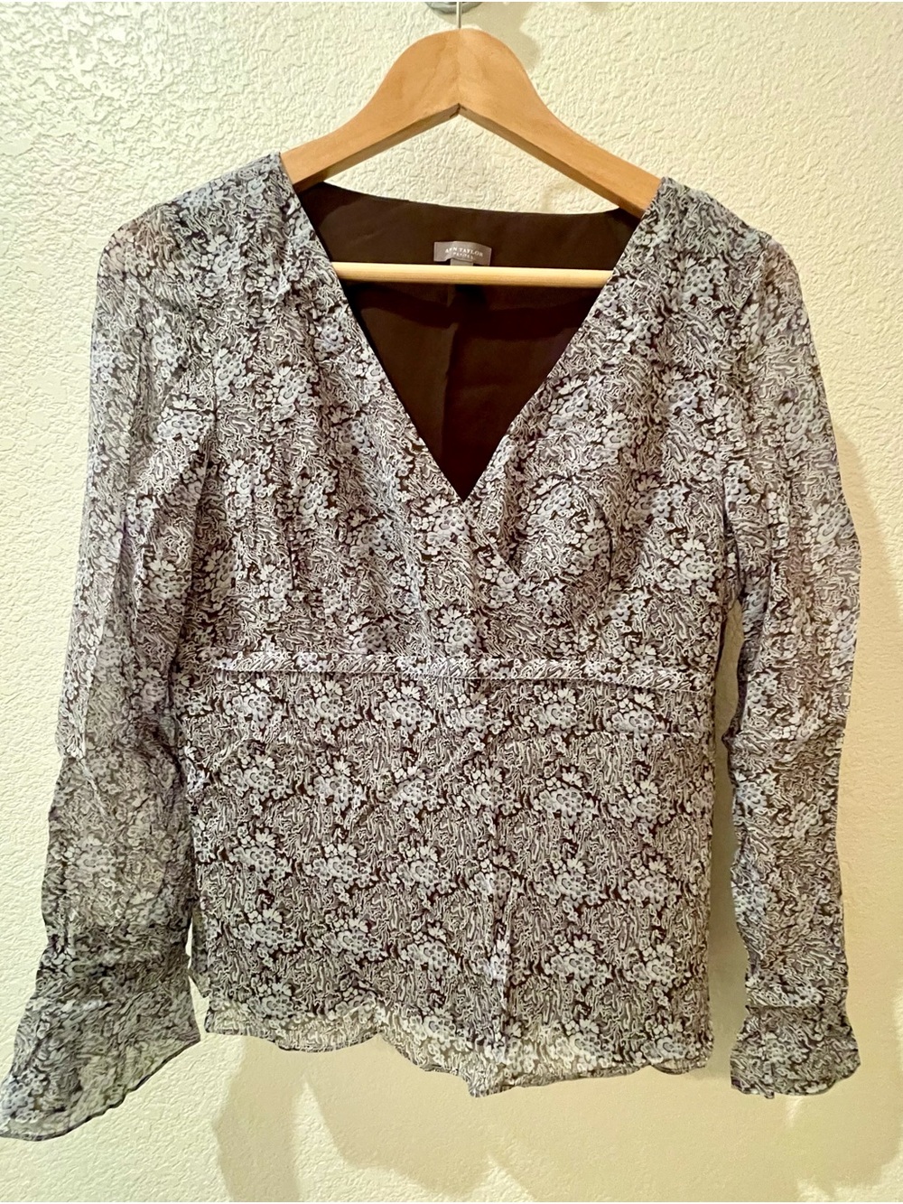 Ann Taylor Silk Floral Surplice Long Sleeve Blouse, 10P